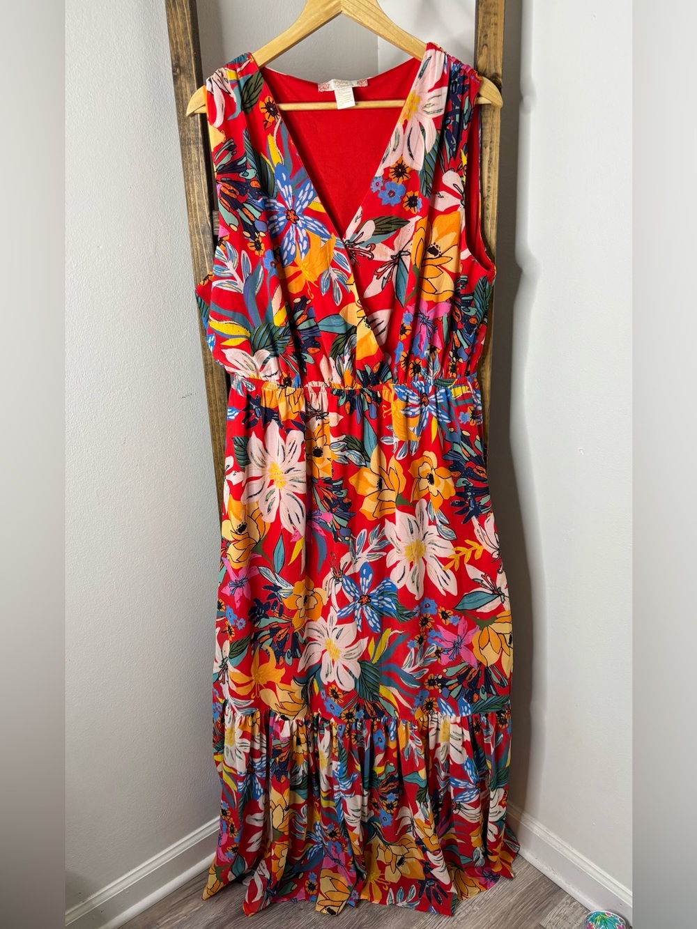 Flying Tomato Floral V-Neck Red Maxi Dress Size XL